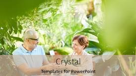  Presentation with home garden - Audience pleasing presentation theme consisting of senior man putting ring on finger of his wife by romantic dinner in orangery or home garden among green plants backdrop and a coral colored foreground