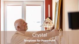  Presentation with painting - Presentation design featuring senior-man-putting-up background and a coral colored foreground