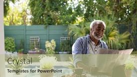  Presentation with reading table - Amazing slide deck having senior man reading newspaper while sitting at table in yard backdrop and a mint green colored foreground