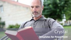  Presentation with novel - PPT layouts with senior man reading novel in country home garden background and a gray colored foreground