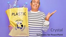  Presentation with plastic bag - PPT theme having senior-man-recycling-holding-bag background and a light blue colored foreground