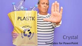 Presentation with plastic bag - PPT theme consisting of senior-man-recycling-holding-bag background and a light blue colored foreground