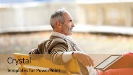  Presentation with relaxing - Amazing slide set having senior man relaxing on bench backdrop and a gold colored foreground