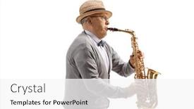  Presentation with professional tennis player athlete man - Slides with senior-man-saxophone-player-isolated background and a white colored foreground
