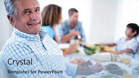  Presentation with family - Colorful presentation theme enhanced with senior man sitting at dinning backdrop and a  colored foreground
