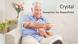  Presentation with senior living - Amazing PPT theme having senior man sitting on sofa and watching television in living room backdrop and a sky blue colored foreground