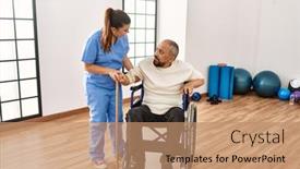  Presentation with wheelchair - Presentation theme consisting of senior-man-sitting-on-wheelchair background and a coral colored foreground