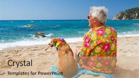  Presentation with tropical - Slide deck with senior man sitting with dog on tropical beach background and a coral colored foreground