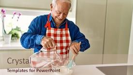  Presentation with cooking - PPT theme consisting of senior-man-smiling-confident-cooking background and a soft green colored foreground