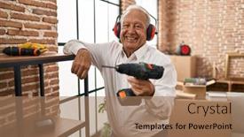  Presentation with drilling - Presentation theme having senior-man-smiling-confident-drilling background and a coral colored foreground