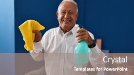  Presentation with room cleaning - Presentation theme with senior-man-smiling-confident-holding background and a gray colored foreground