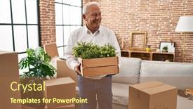  Presentation with new home - Slide set featuring senior-man-smiling-confident-holding background and a tawny brown colored foreground