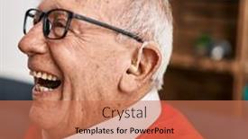  Presentation with hearing aid - PPT theme having senior-man-smiling-confident-using background and a coral colored foreground