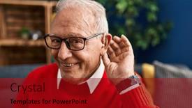  Presentation with hearing aid - Presentation theme enhanced with senior-man-smiling-confident-using background and a crimson colored foreground