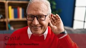  Presentation with hearing aid - Slides enhanced with senior-man-smiling-confident-using background and a crimson colored foreground
