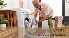  Presentation with laundry room - Theme having senior-man-smiling-confident-washing background and a coral colored foreground