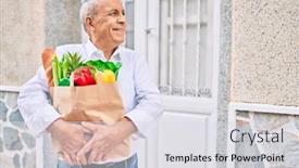  Presentation with food city - Cool new PPT layouts with senior-man-smiling-happy-holding backdrop and a light gray colored foreground