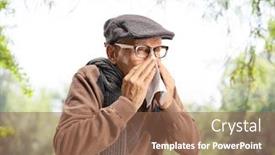  Presentation with sneezing - PPT theme having senior-man-sneezing-from-hey background and a violet colored foreground