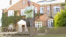  Presentation with house - PPT theme enhanced with senior-man-standing-outside-house background and a coral colored foreground