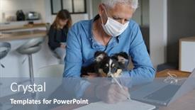  Presentation with virus - Colorful PPT theme enhanced with senior-man-teleworking-stopping-virus backdrop and a seafoam green colored foreground