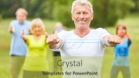  Presentation with stretch - Amazing slide set having senior man trains with stretch band as a physiotherapy in a rehab course backdrop and a yellow colored foreground