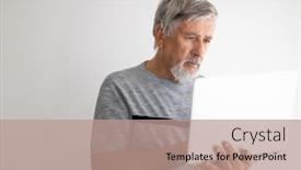  Presentation with online shopping - PPT theme featuring senior-man-using-a-laptop background and a coral colored foreground