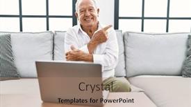  Presentation with at home senior care - Presentation design having senior-man-using-laptop background and a coral colored foreground