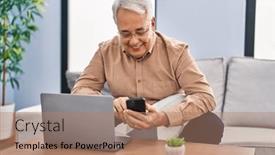  Presentation with smartphone - Theme consisting of senior-man-using-laptop and a coral colored foreground