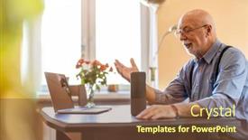  Presentation with virtual assistant - Colorful slide set enhanced with senior-man-using-virtual-assistant backdrop and a tawny brown colored foreground