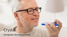  Presentation with communication - Cool new slides with senior man using voice command backdrop and a soft green colored foreground