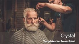  Presentation with beauty shop - Colorful presentation design enhanced with senior man visiting hairstylist backdrop and a gray colored foreground