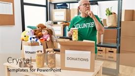  Presentation with food donations - Slide set having senior-man-volunteer-holding-donations background and a coral colored foreground