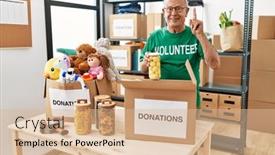 Presentation with food donations - PPT theme with senior-man-volunteer-holding-donations background and a lemonade colored foreground