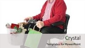  Presentation with gifts - Beautiful PPT layouts featuring senior man wearing a santa hat happily riding a scooter loaded with christmas gifts on a white background backdrop and a light gray colored foreground