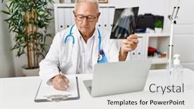  Presentation with xray - Slide deck with senior-man-wearing-doctor-uniform background and a light gray colored foreground