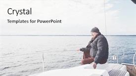  Presentation with yacht - Slide deck with senior man wearing jacket scarf and hat sitting on yacht stern and enjoying perfect autumn day under sails - sailing holidays concept background and a cream colored foreground