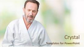  Presentation with kimono - Audience pleasing PPT layouts consisting of senior man wearing kimono uniform backdrop and a  colored foreground