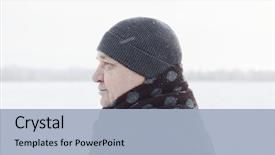  Presentation with wearing swimming goggles and cap - PPT layouts having senior man wearing knit cap background and a light blue colored foreground