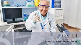  Presentation with pipette - Presentation theme having senior-man-wearing-scientist-uniform background and a light blue colored foreground