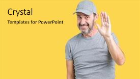  Presentation with saying - Audience pleasing theme consisting of senior man wearing sport cap backdrop and a yellow colored foreground