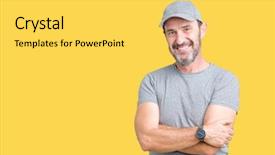  Presentation with army person pressing remote baton - Slides enhanced with senior man wearing sport cap background and a yellow colored foreground