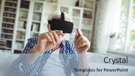  Presentation with senior living - Amazing presentation theme having senior man wearing virtual reality headset in living room at home backdrop and a light blue colored foreground