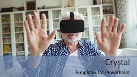  Presentation with senior living - Presentation theme enhanced with senior-man-wearing-virtual-reality background and a teal colored foreground