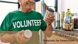  Presentation with canned food - Slide deck with senior-man-wearing-volunteer-uniform background and a coral colored foreground