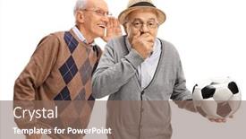  Presentation with soccer - Colorful presentation theme enhanced with senior-man-whispering-to-friend backdrop and a violet colored foreground