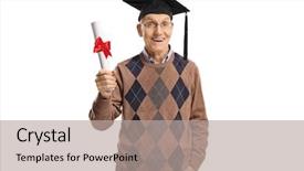  Presentation with graduation - Cool new slide deck with senior man with a graduation backdrop and a light gray colored foreground