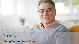  Presentation with pleasure of reading - PPT layouts featuring senior man with eyeglasses reading background and a light gray colored foreground