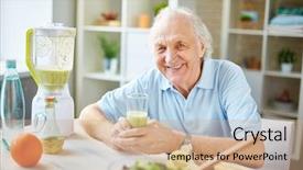  Presentation with looking glass - PPT theme featuring senior man with glass of fruit smoothie looking at camera background and a coral colored foreground