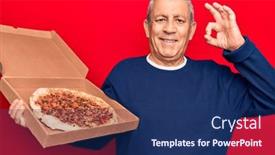  Presentation with pizza delivery - Presentation design consisting of senior-man-with-grey-hair background and a navy blue colored foreground
