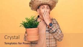  Presentation with hand holding plant - Cool new presentation theme with senior-man-with-grey-hair backdrop and a coral colored foreground
